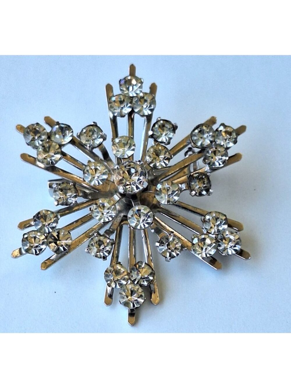 Vintage Coro Silver Tone Clear Rhinestone Snowflake Brooch Pin, 1950s Signed Sta